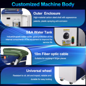 Customized laser welder machine body featuring carbon steel outer enclosure, industrial S&A water tank, 10m fiber optic cable, and universal caster wheels