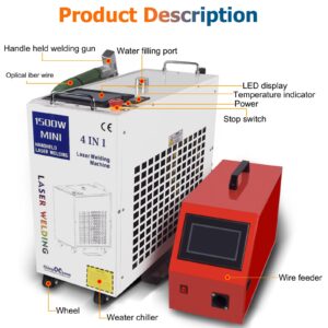 Labeled components of handheld fiber laser welding machine including wire feeder, gun, and chiller