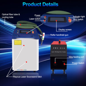 Laser welding machine and wire feeder labeled with fiber tube, laser gun, and touch screen control panel