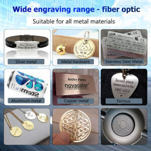 Fiber laser marking samples on various metals silver, stainless steel, aluminum, copper, and ferrous materials
